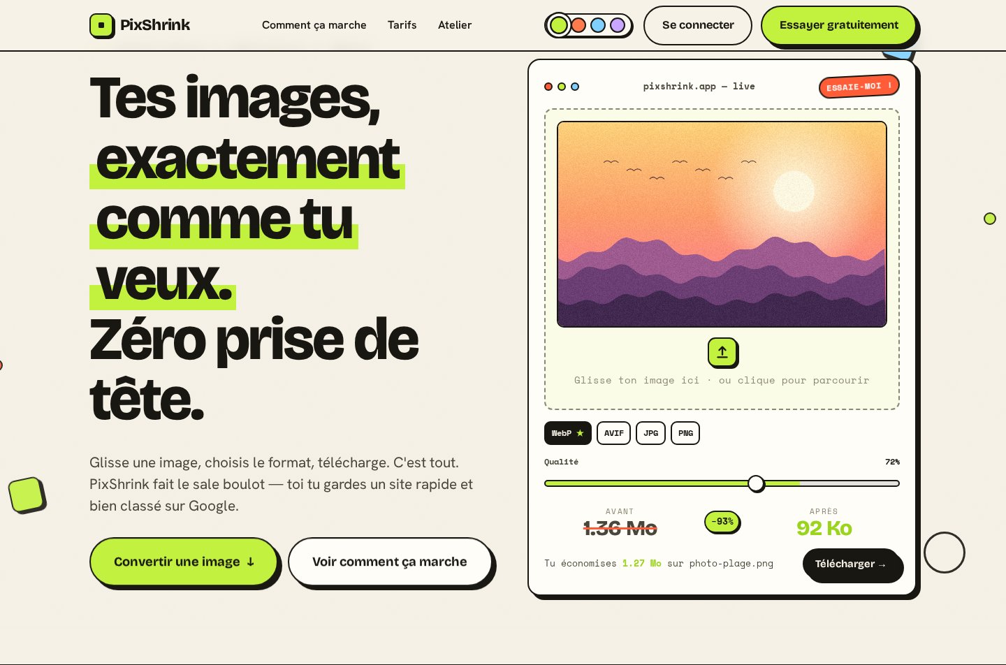 Hero — accroche éditoriale « Tes images, exactement comme tu les veux » et accès direct au convertisseur