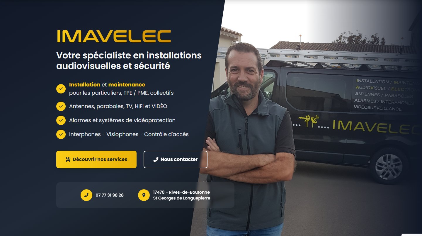 Hero — accroche spécialiste audiovisuel & sécurité, CTA contact et téléphone direct