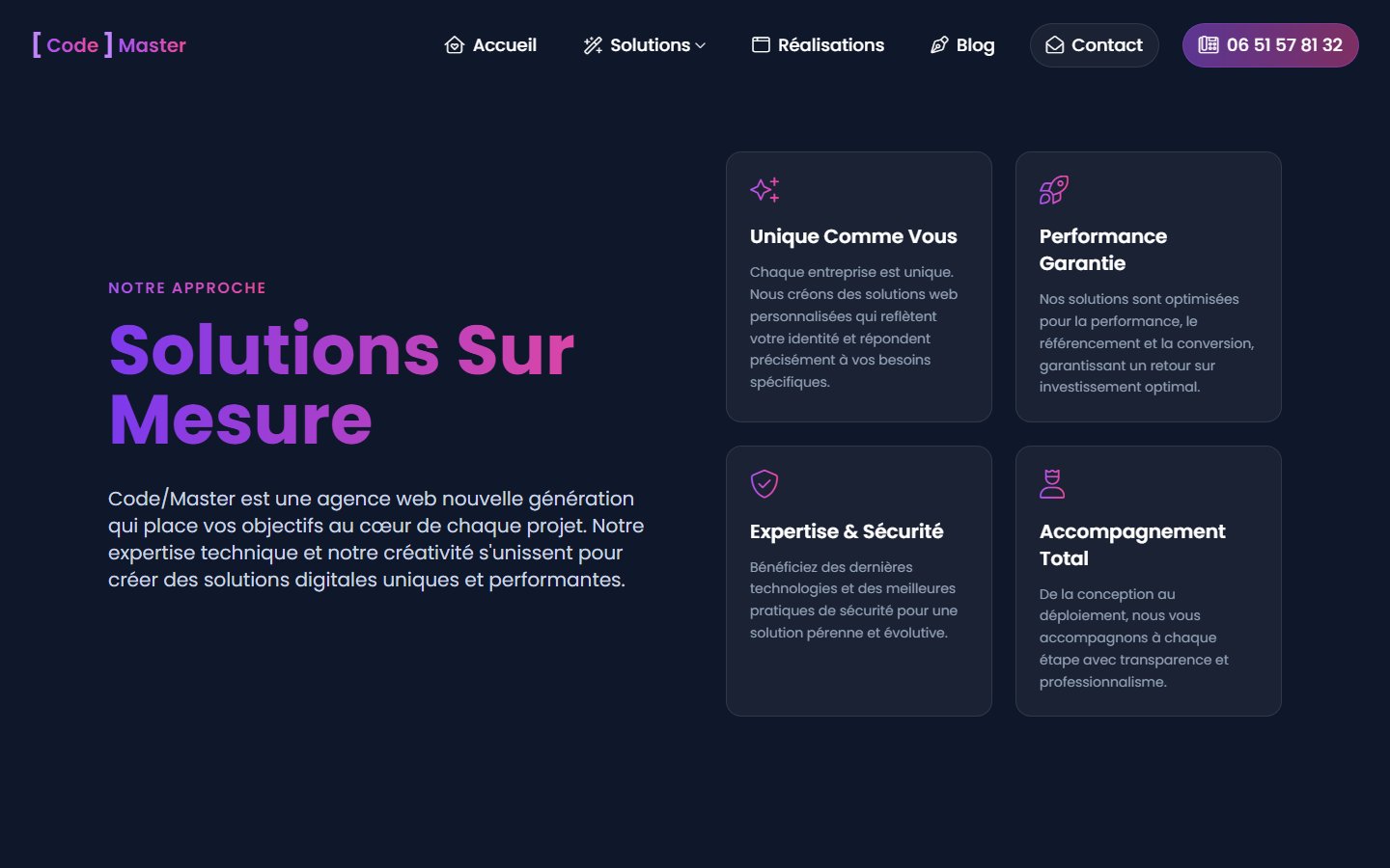 Scroll horizontal des disciplines — sites, applications, SEO, maintenance