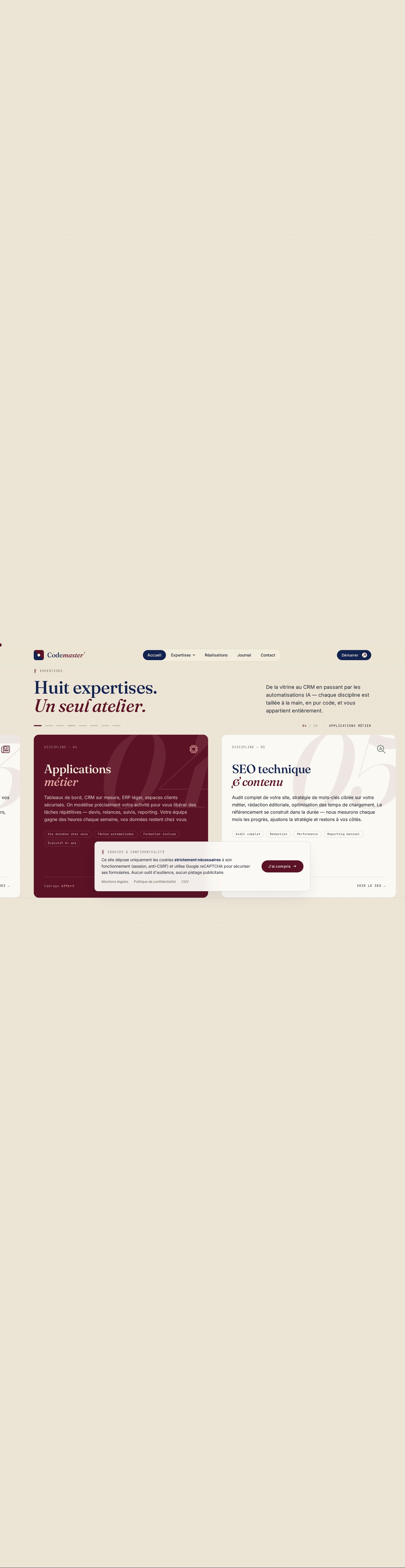 Scroll horizontal des 8 disciplines — sites, e-commerce, plateformes, applications, SEO, IA, performance, maintenance