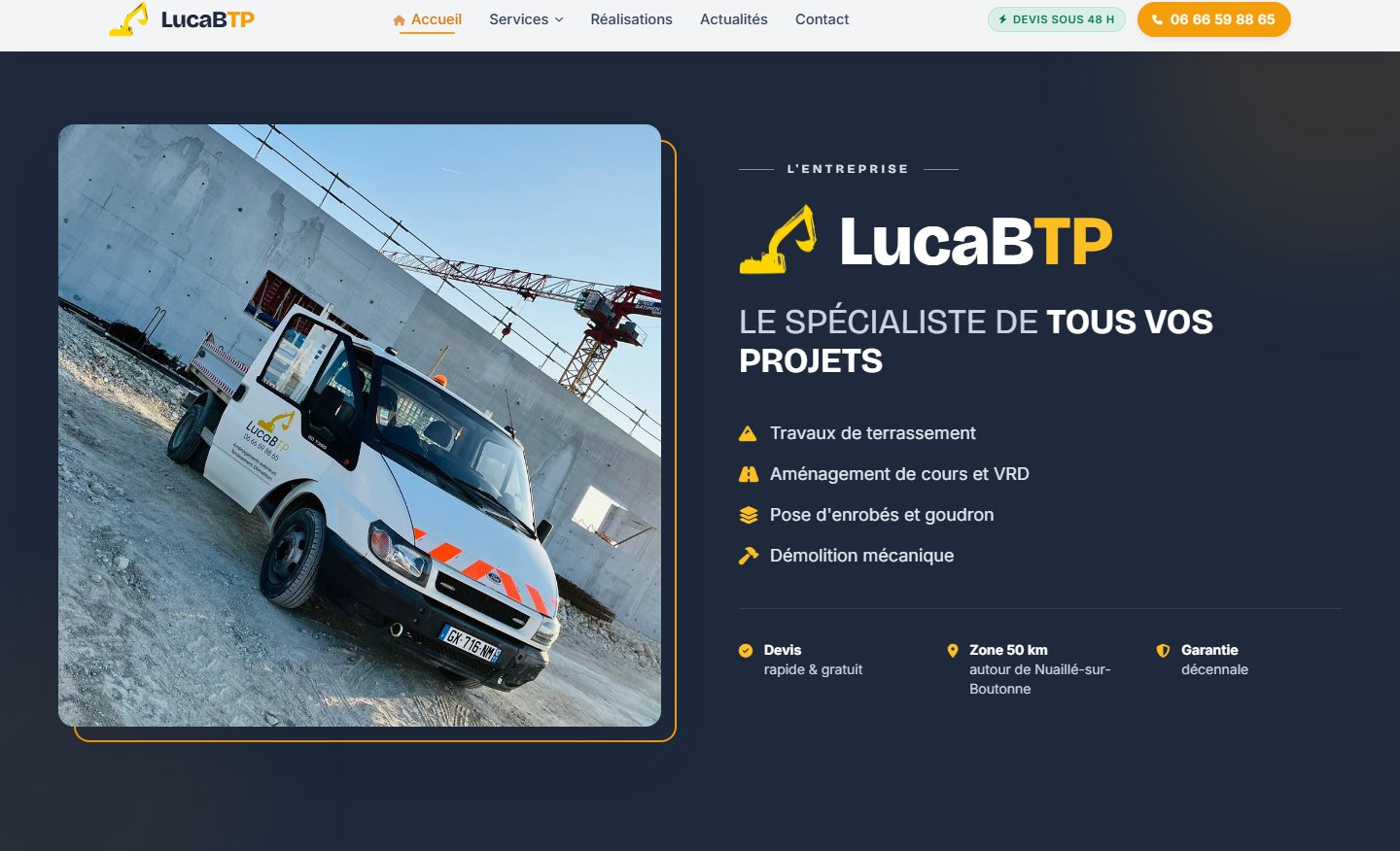 Présentation de l'entreprise : périmètre 50 km, devis gratuit, garantie décennale