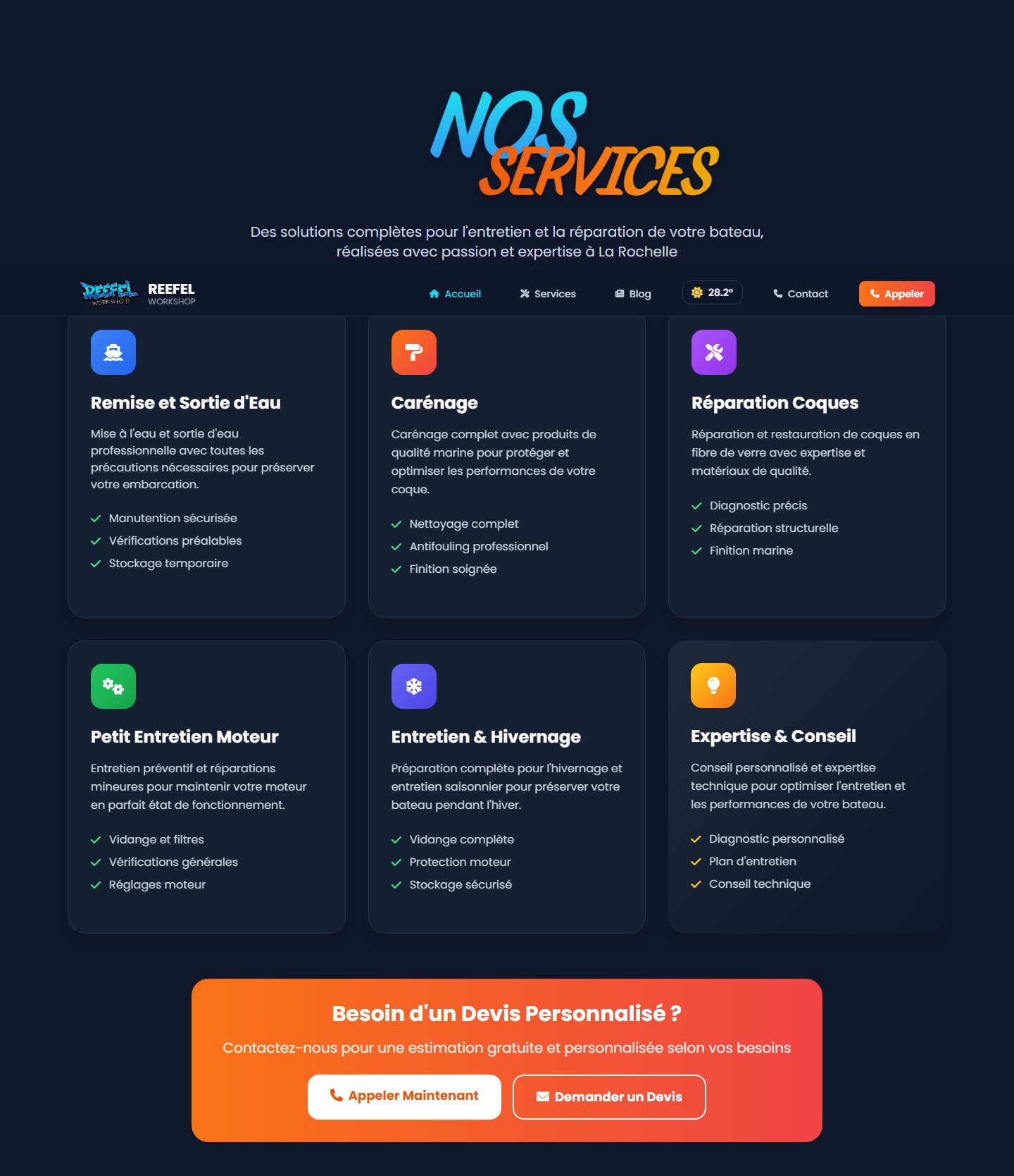 Les six services en cartes — une fiche dédiée par prestation pour le SEO