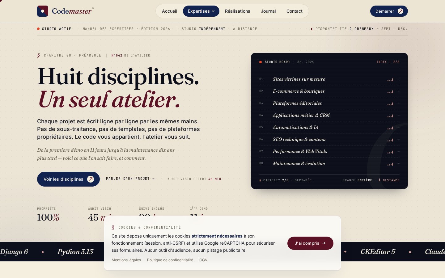 Page Expertises — sommaire éditorial des 8 disciplines avec leur angle métier