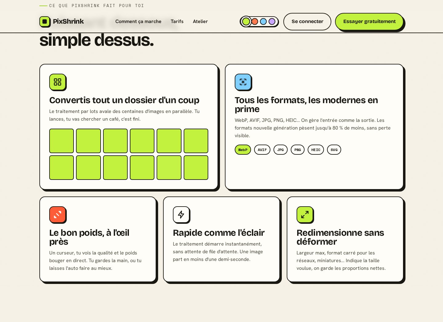 Fonctionnalités — formats WebP / AVIF / JPEG / PNG, batchs, redimensionnement, téléchargement ZIP