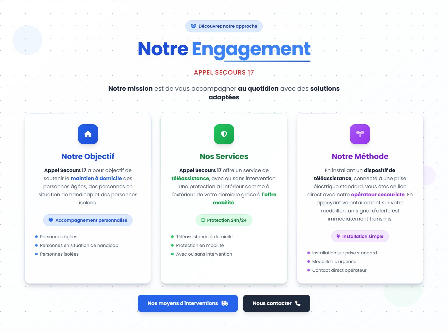 Notre engagement — trois cartes pédagogiques (objectif, services, méthode)