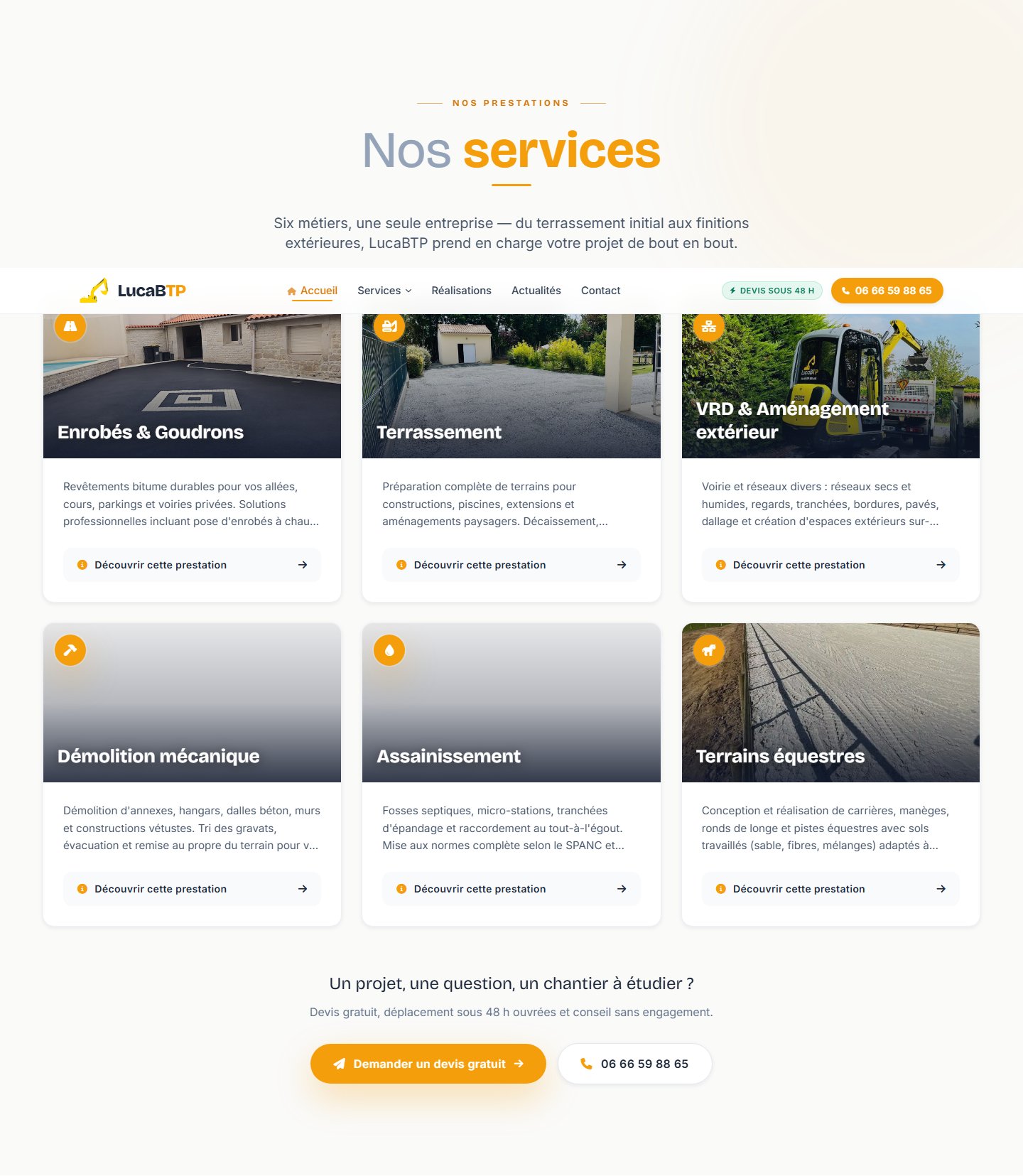 Les six métiers en cartes — une page dédiée par prestation pour le SEO