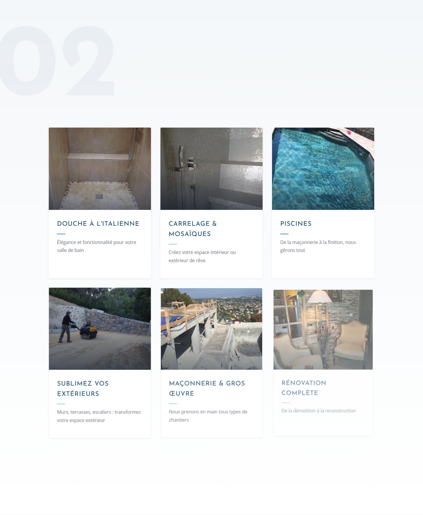 Les six spécialités illustrées : douche italienne, carrelage, piscines, extérieurs, gros œuvre, rénovation
