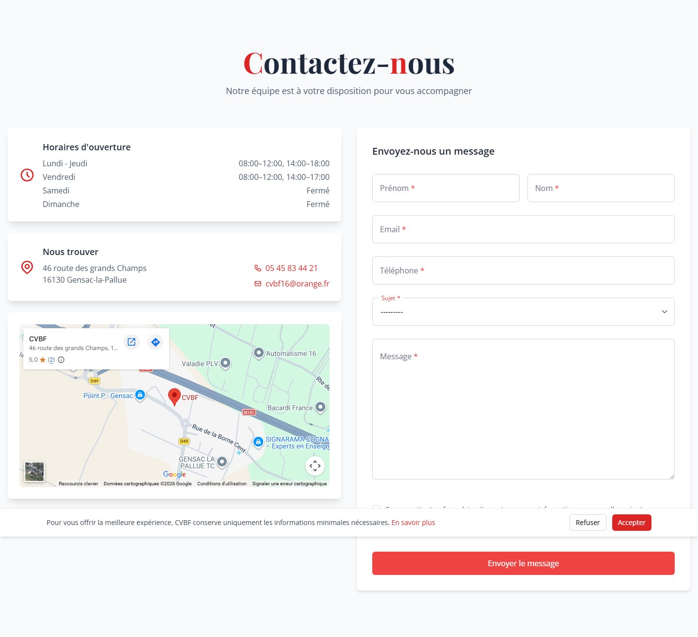 Formulaire de contact — demande de devis, info ou SAV, coordonnées et horaires d'ouverture