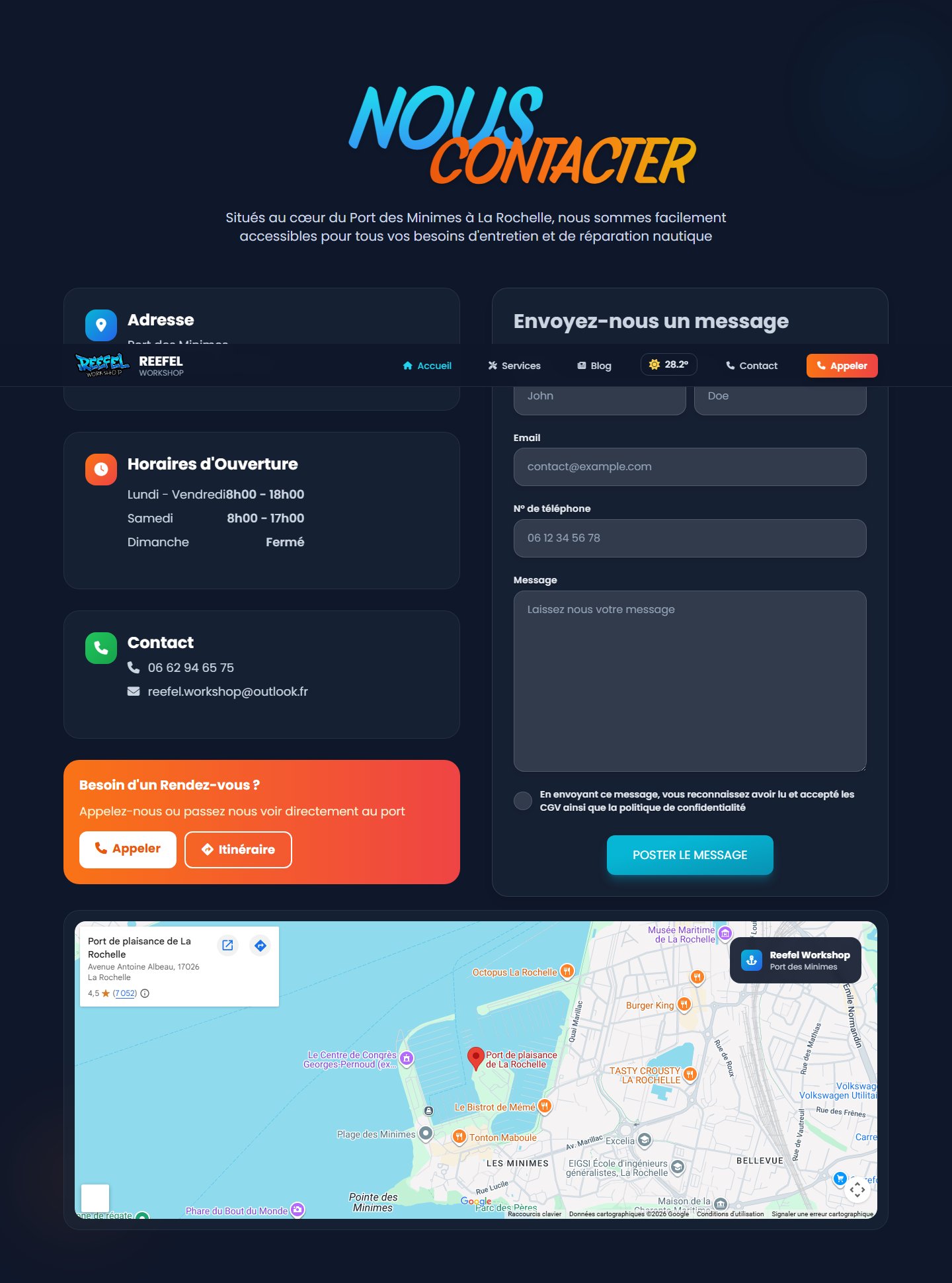 Section contact — adresse Port des Minimes, horaires, formulaire et carte Google