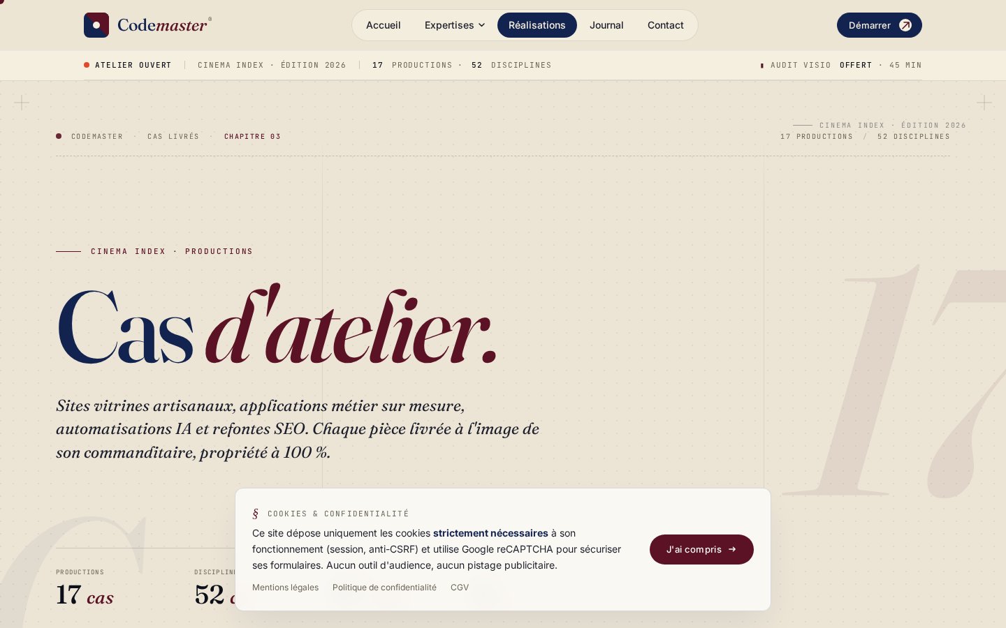 Portfolio des réalisations — fiche complète par projet, pinables via display_order