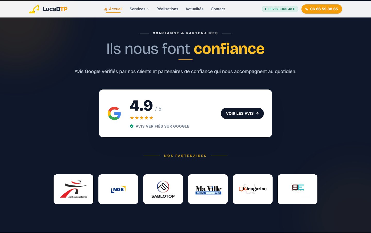 Avis Google 4.9/5 et logos partenaires — réassurance immédiate