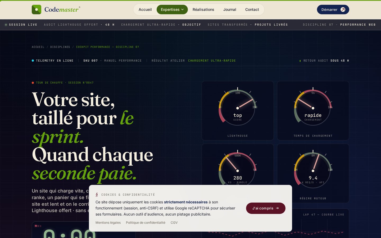 Page Performance — Core Web Vitals mesurés et seuils engagés contractuellement