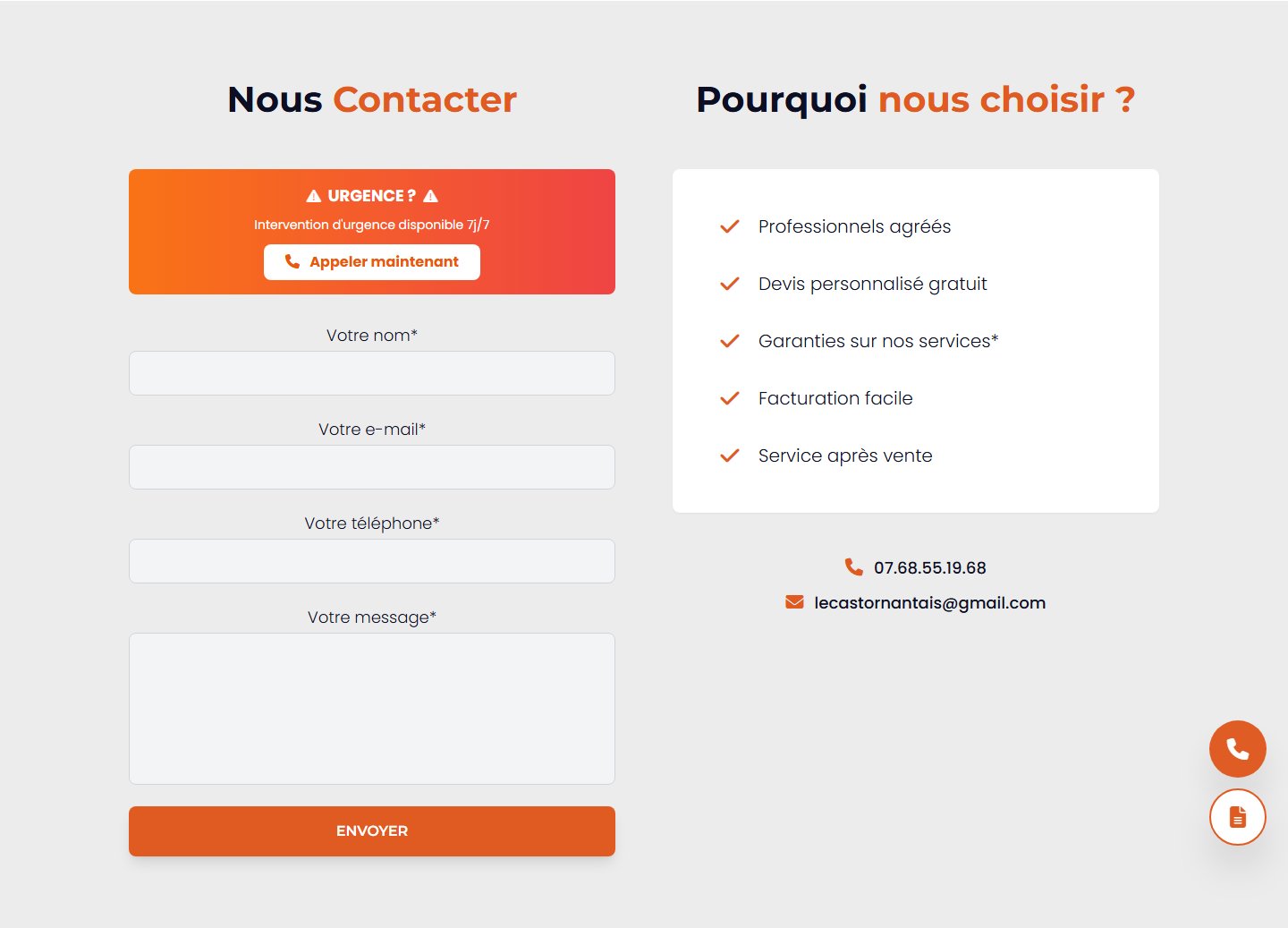 Formulaire de contact, bannière urgence 7j/7 et arguments clés