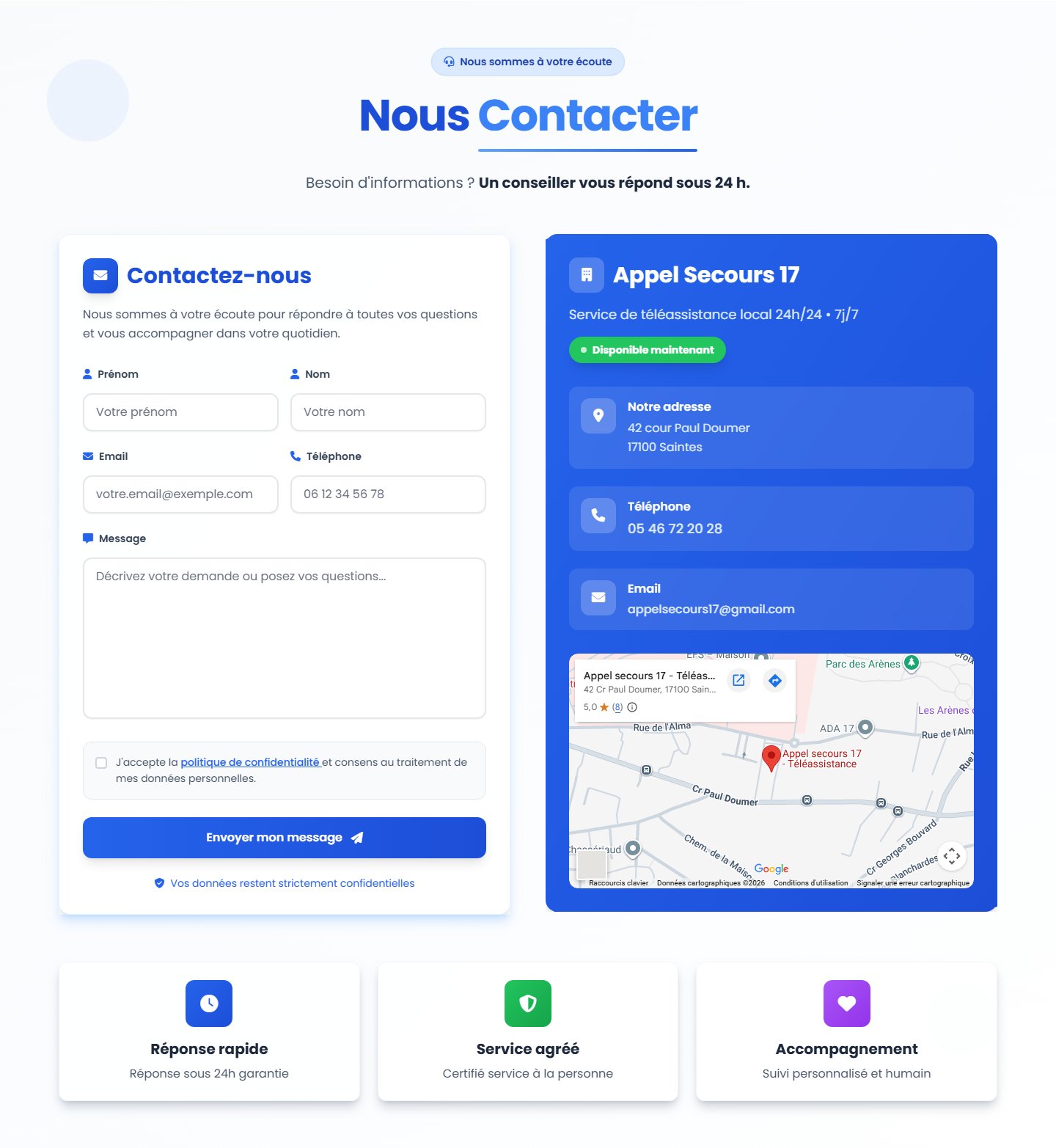 Formulaire de contact, infos pratiques et plan d'accès Google Maps