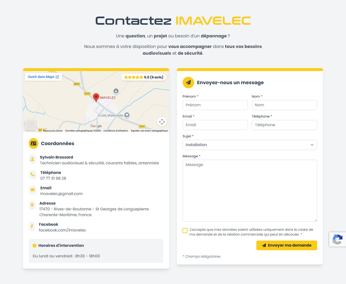 Formulaire de contact avec sélection du sujet, coordonnées complètes et horaires d'ouverture