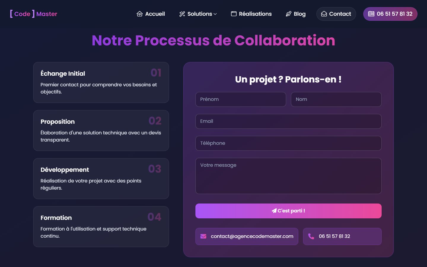 Bloc preuve client + CTA contact final — coordonnées, démarrage, budget plancher