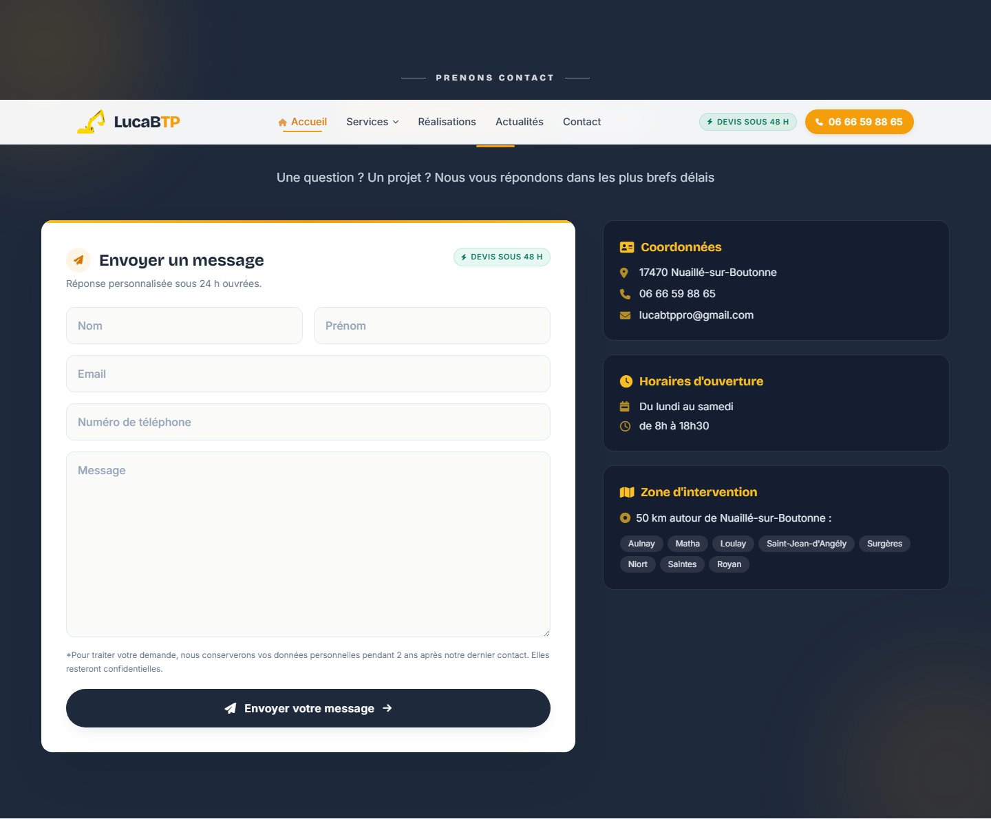 Formulaire devis protégé anti-bot, coordonnées et zone d'intervention