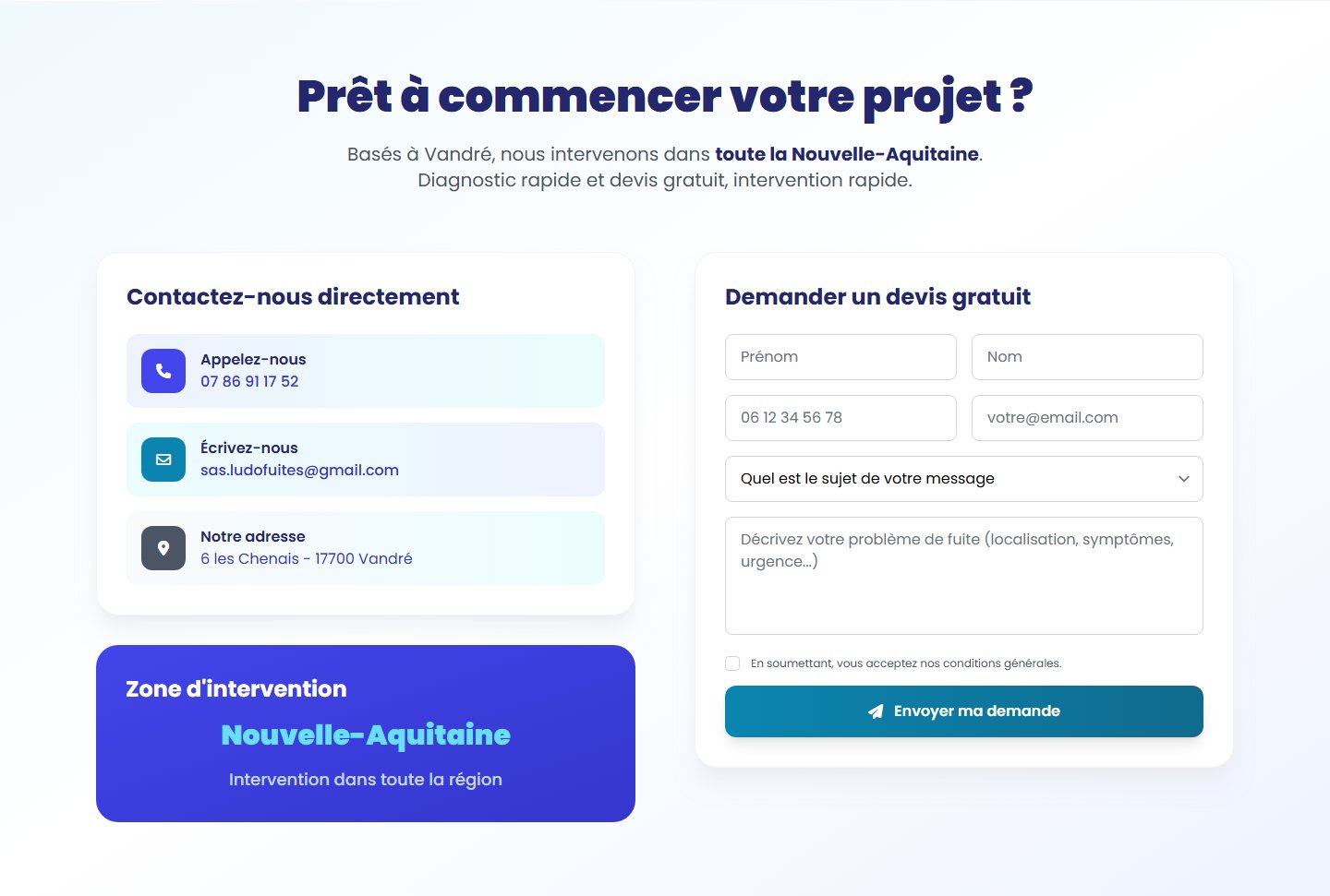 Contact — coordonnées, zone Nouvelle-Aquitaine et formulaire de devis gratuit