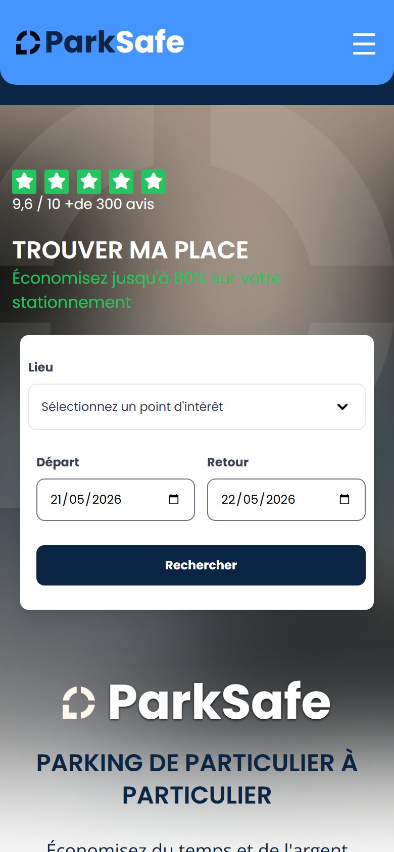 Vue mobile : recherche par point d'intérêt accessible au pouce dès l'arrivée