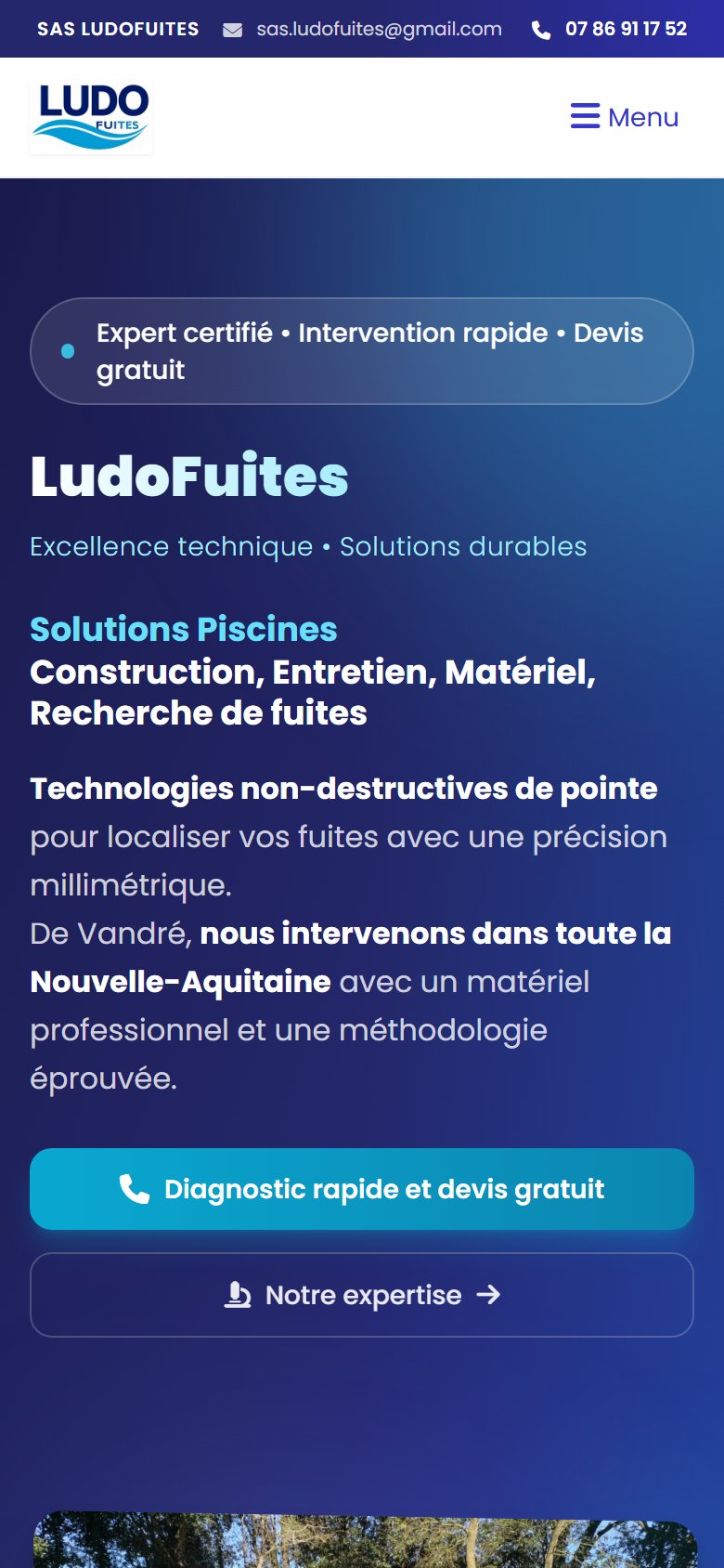 Vue mobile : hero adapté et CTA d'urgence accessible au pouce