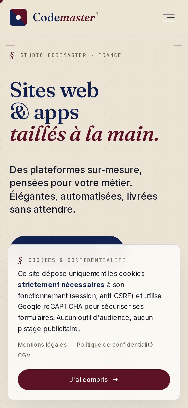 Vue mobile : hero éditorial adapté, CTA accessible au pouce