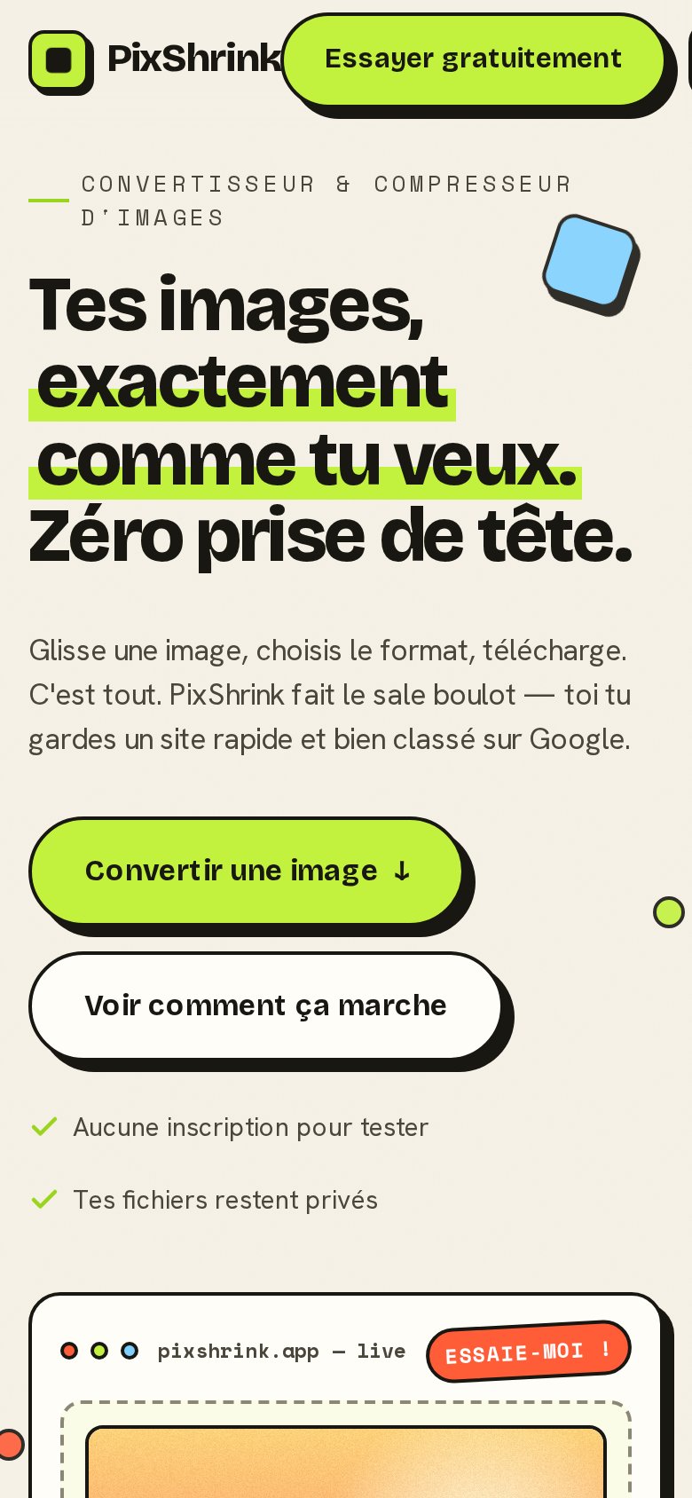 Vue mobile — hero adapté, accroche lisible et bouton d'accès au convertisseur à portée de pouce
