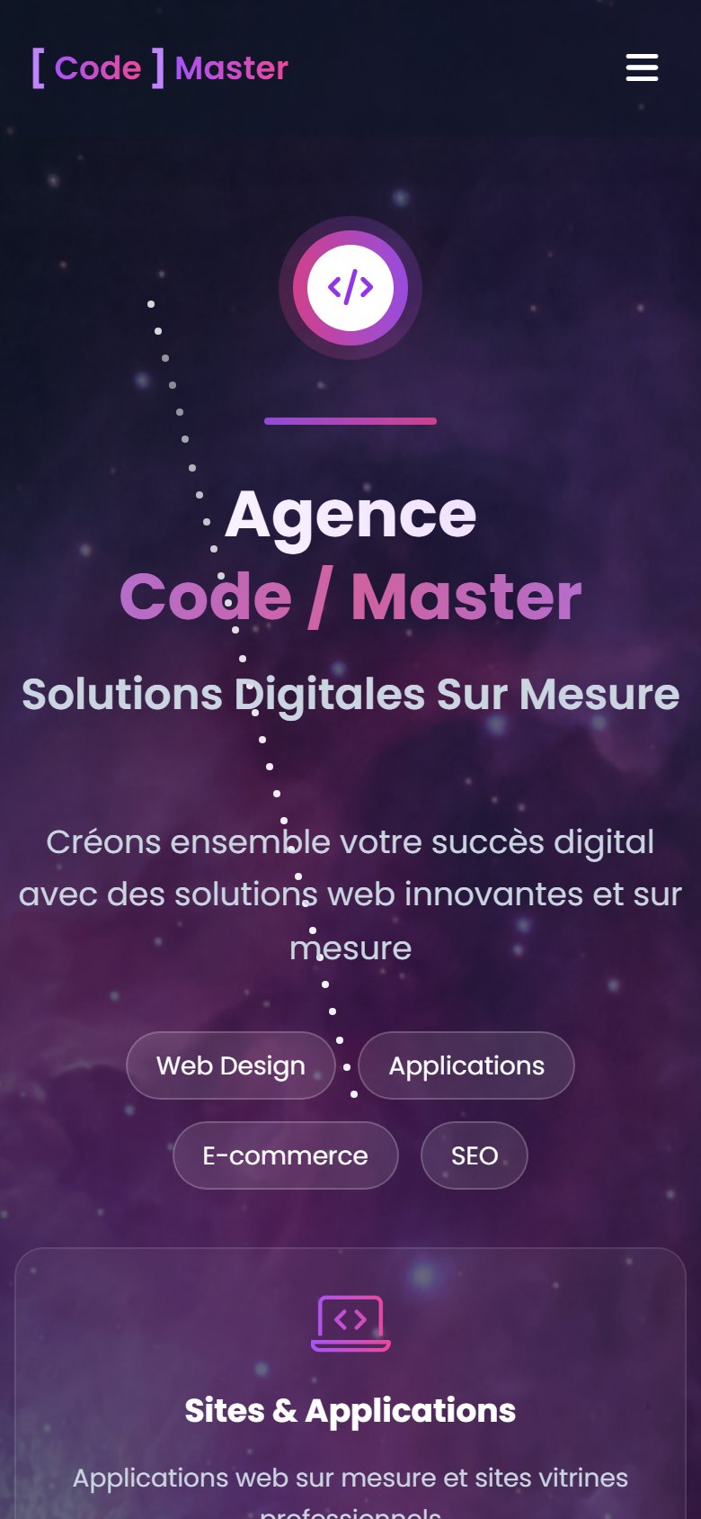 Vue mobile : hero éditorial adapté, CTA accessible au pouce