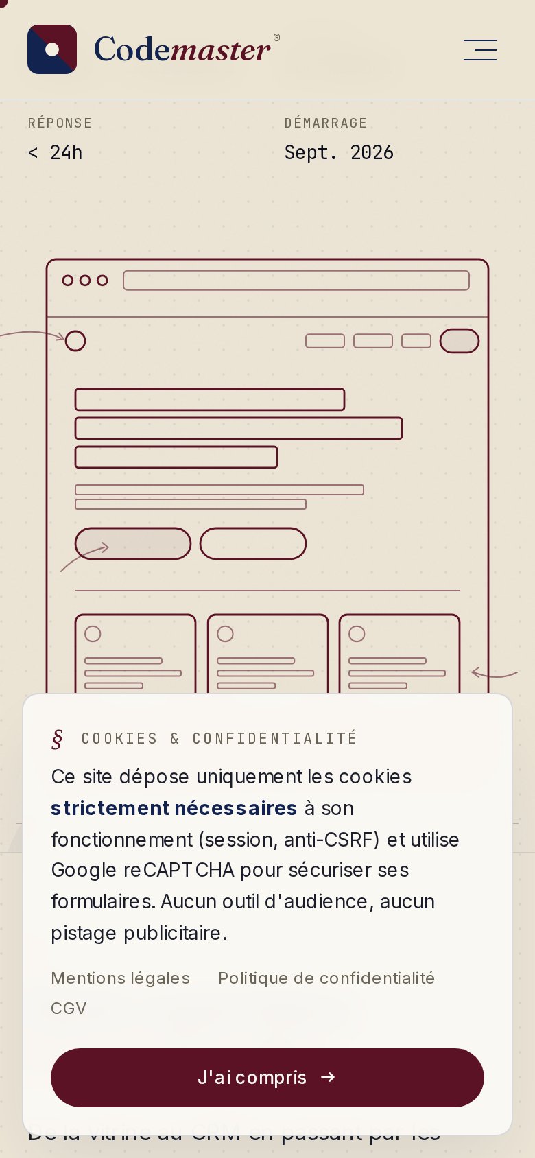 Vue mobile : navigation tactile fluide sur les 8 expertises et le portfolio