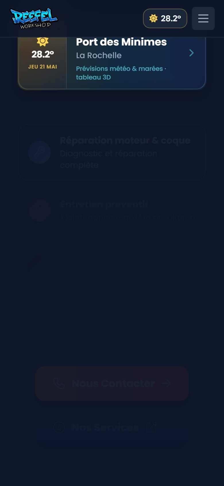 Vue mobile — fiches services empilées et CTA contact toujours accessible