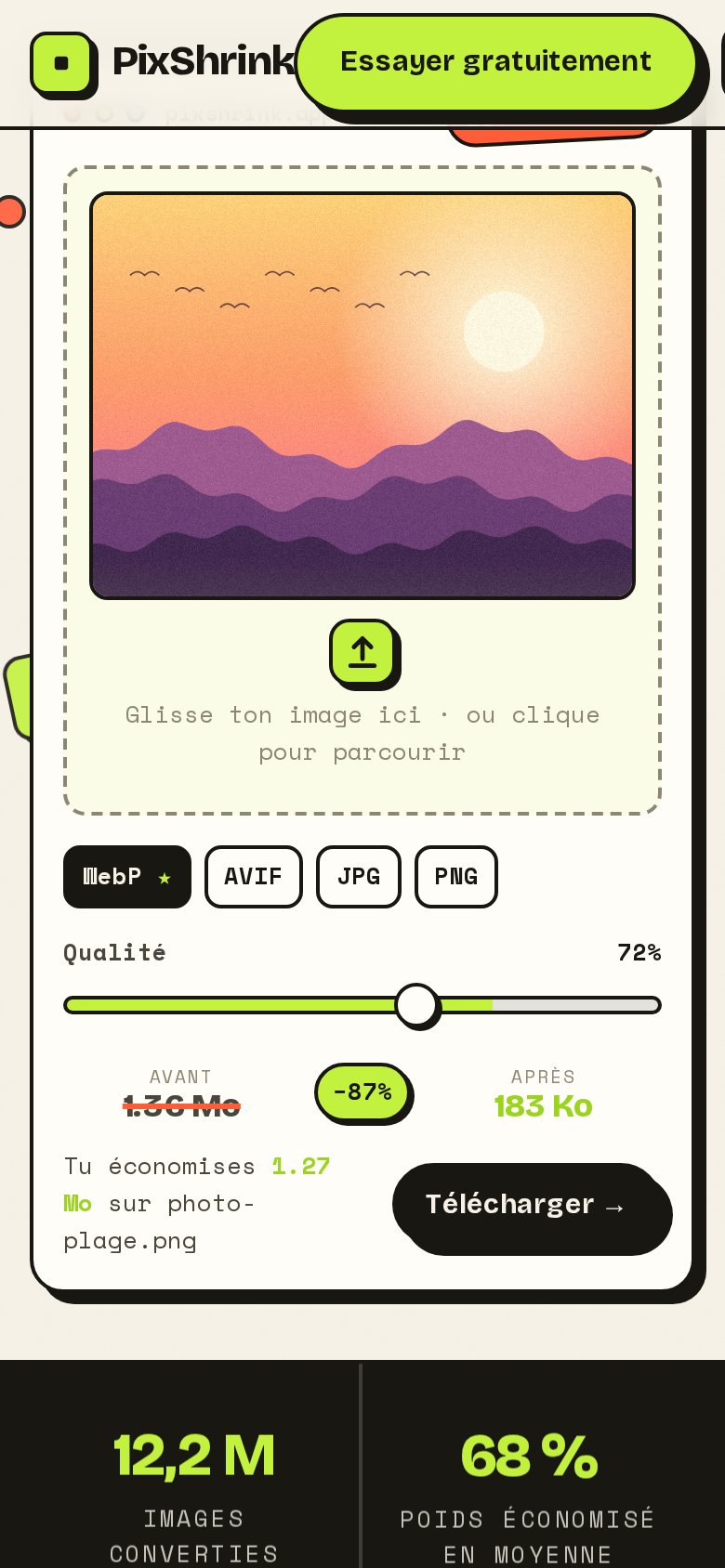 Vue mobile — défilement des sections fonctionnalités et démonstration qualité