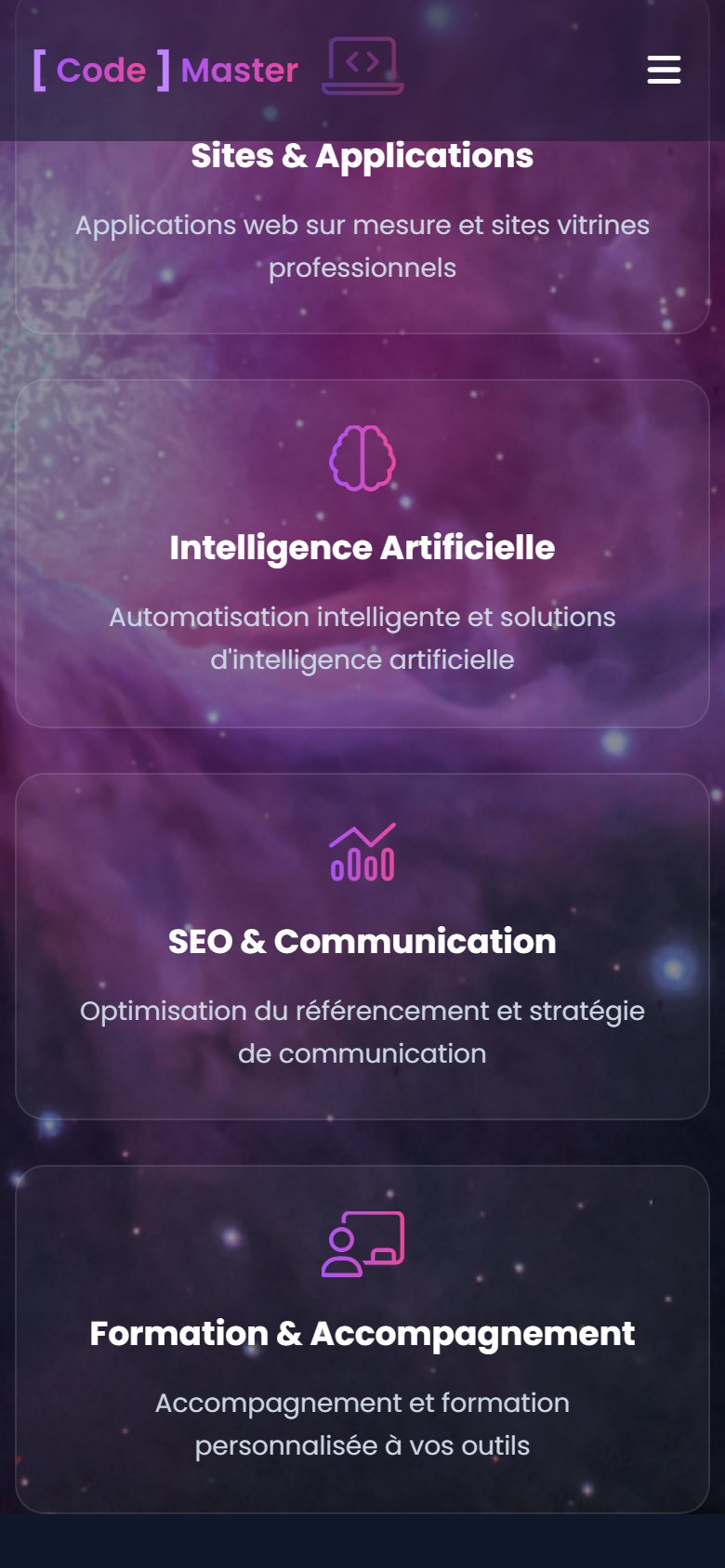 Vue mobile : navigation tactile fluide sur les chapitres et le portfolio