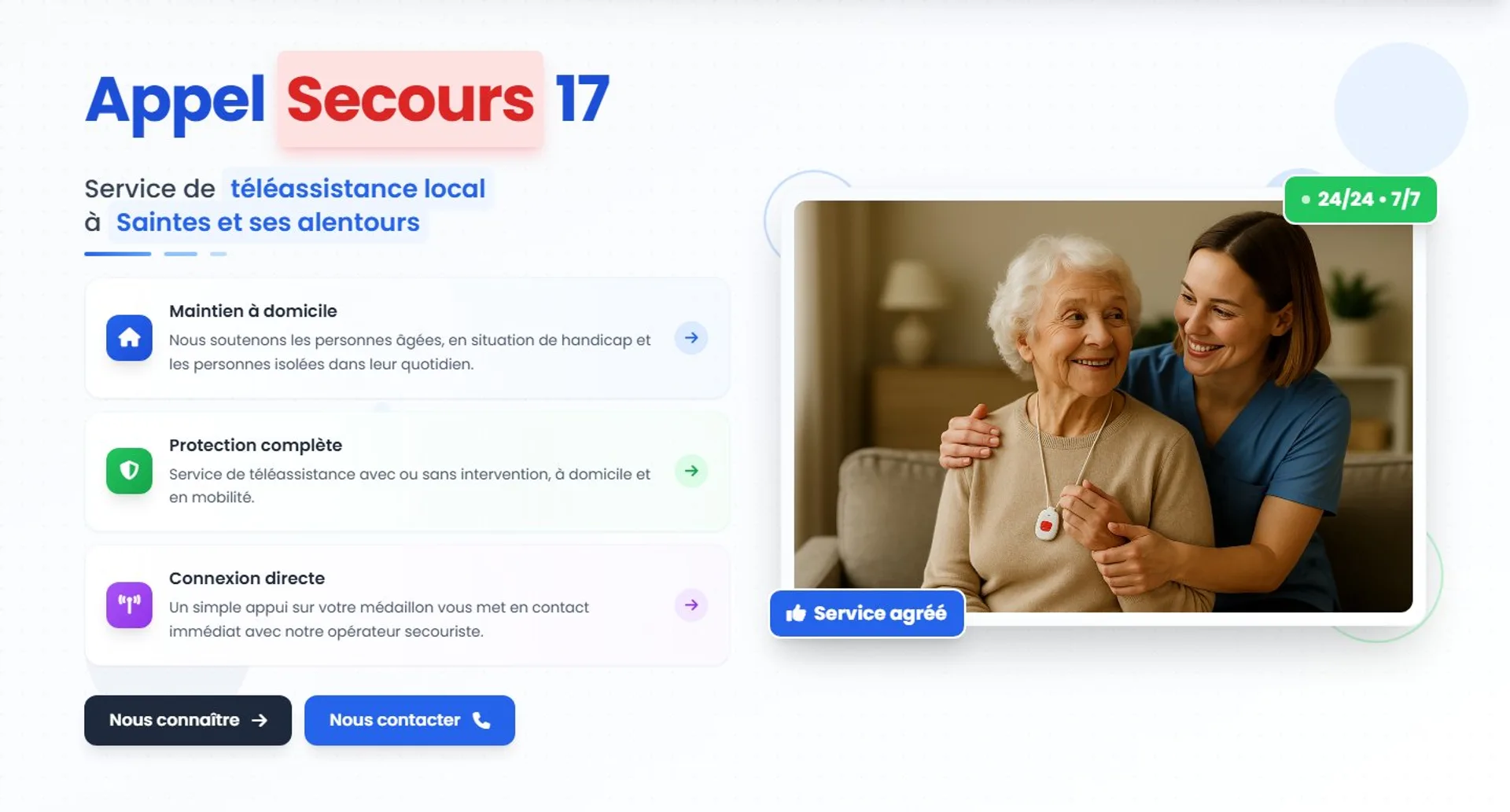Hero — accroche locale, badges 24/7 et Service agréé, points clés en cartes