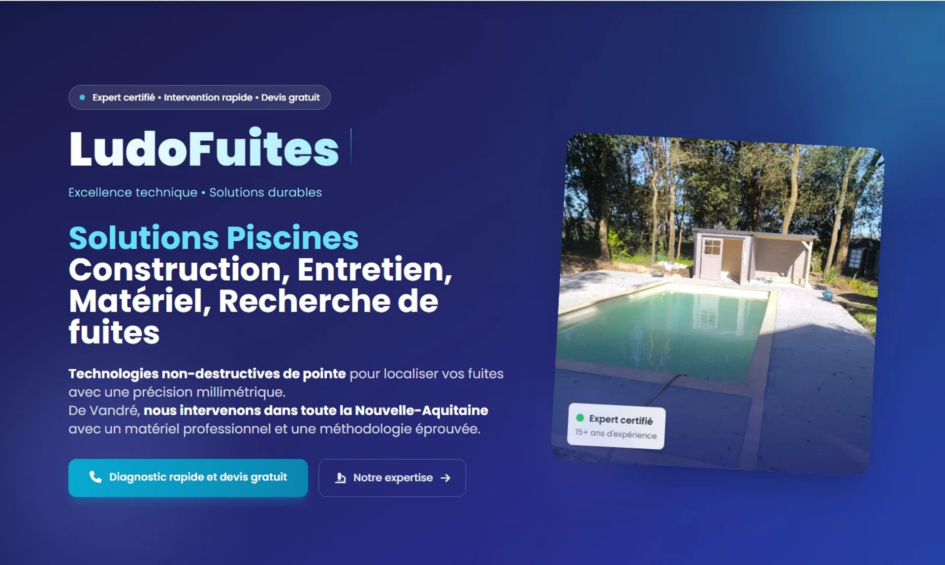 Hero — accroche métier, badges d'expertise et appel direct cliquable