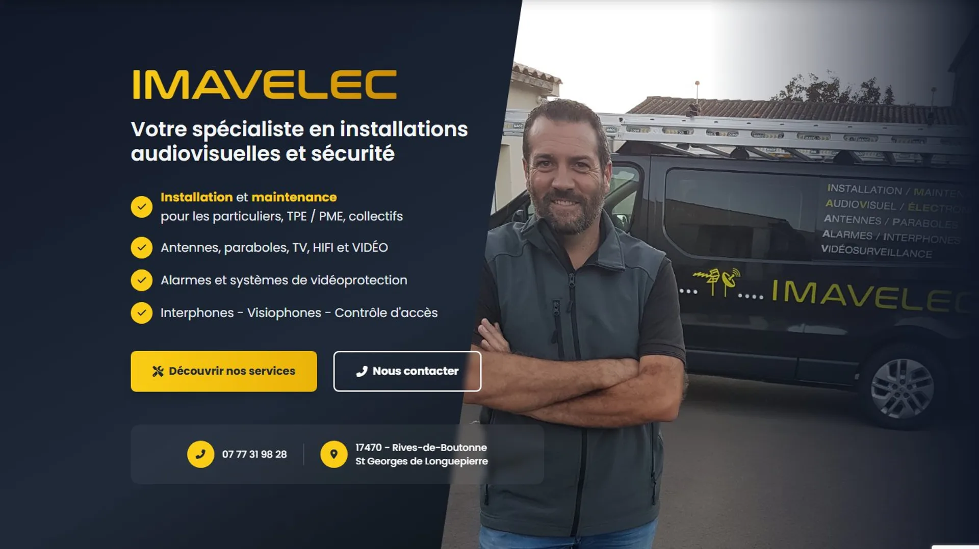 Hero — accroche spécialiste audiovisuel & sécurité, CTA contact et téléphone direct
