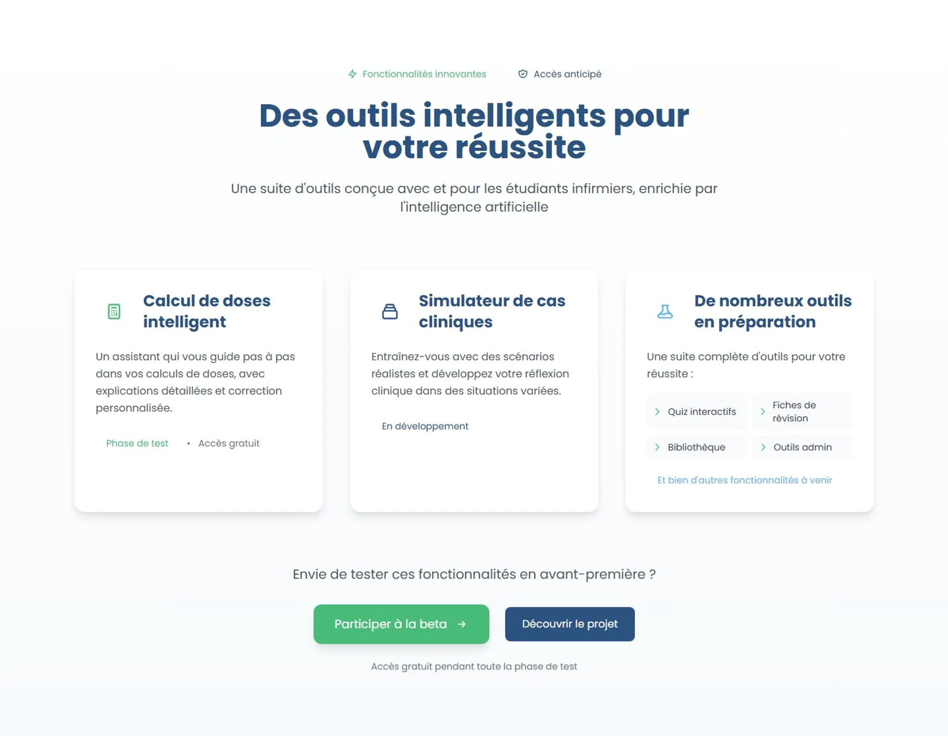 Fonctionnalités innovantes en accès anticipé : calcul de doses, simulateur de cas cliniques, fiches de révision